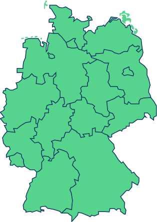 Stilisierte Deutschlandkarte in mintgrün, auf der in blau die Grenzen der Bundesländer eingezeichnet sind.